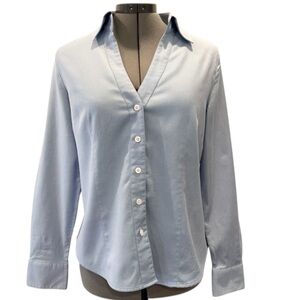 Ann Taylor Blue and White Stripe V-Neck Button-Down Shirt Like New Condition 12P